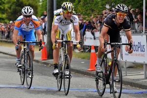 Jack Bauer pictured winning in a sprint from Hayden Roulston and Julian Dean in 2010 in Christchurch